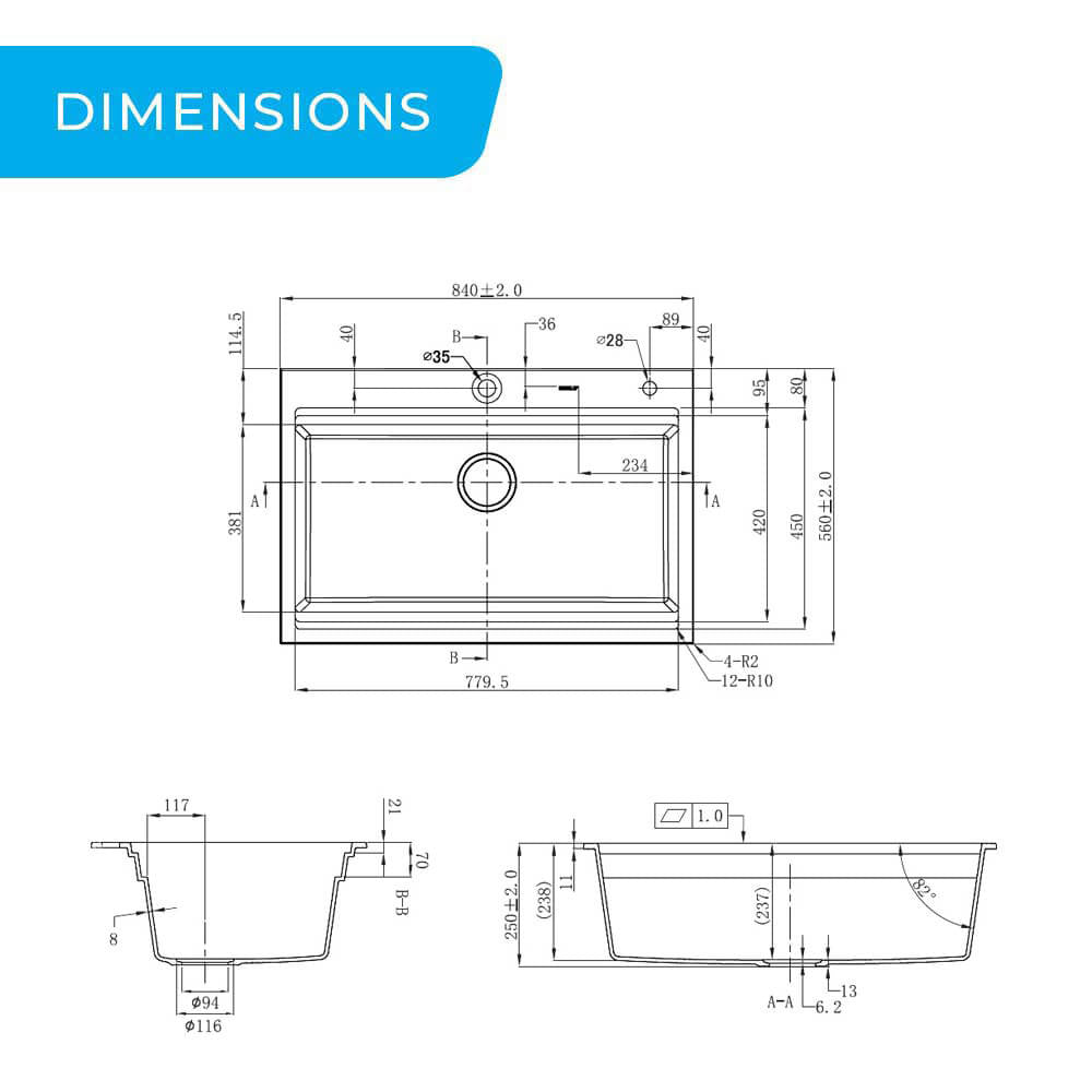 840mm Black Single Bowl Workstation Kitchen Sink with Steps - Granite
