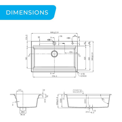 840mm Black Single Bowl Workstation Kitchen Sink with Steps - Granite