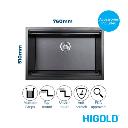 760mm Black Single Bowl Workstation Kitchen Sink with Steps - Granite