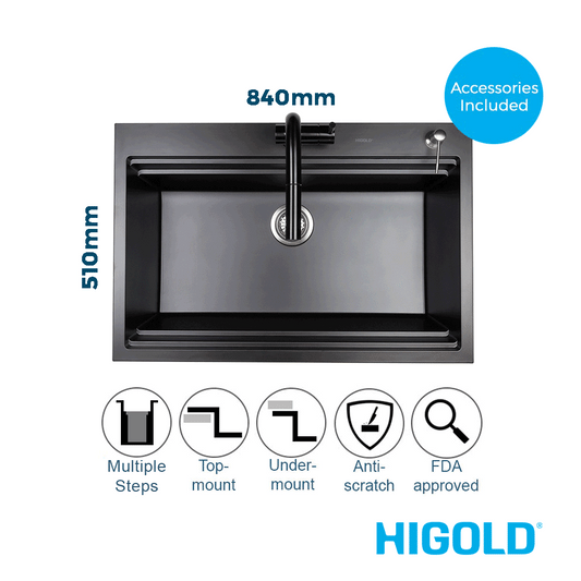 840mm Black Single Bowl Workstation Kitchen Sink with Steps - Granite