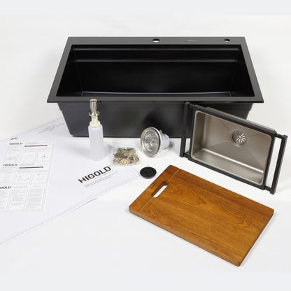 840mm Black Single Bowl Workstation Kitchen Sink with Steps - Granite