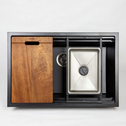 760mm Black Single Bowl Workstation Kitchen Sink with Steps - Granite