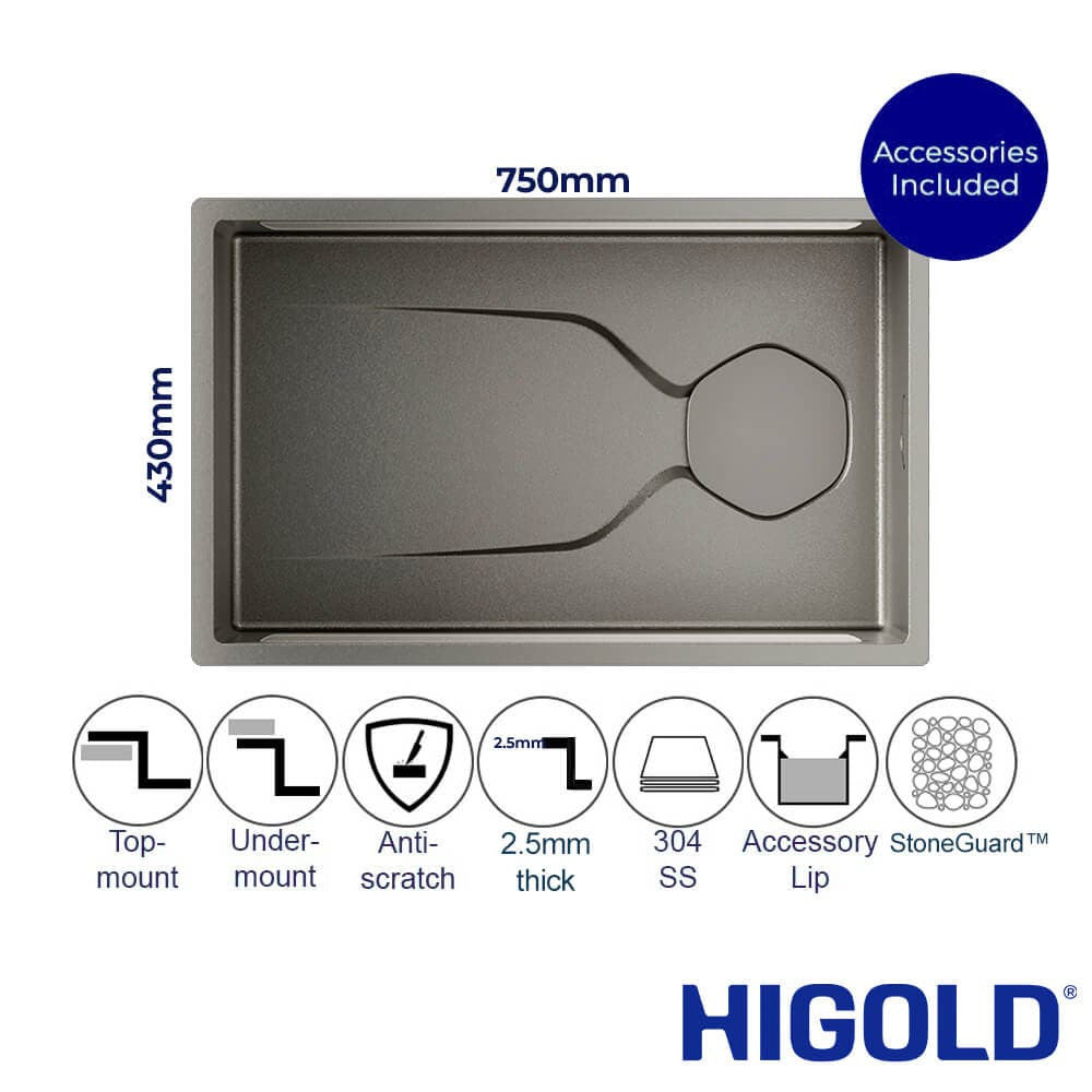 Luxe Serene 1.0 Single Bowl Workstation Kitchen Sink - Slide Lip - 2.5mm Thick Stainless Steel - 750mm - Anti-Scratch StoneGuard™