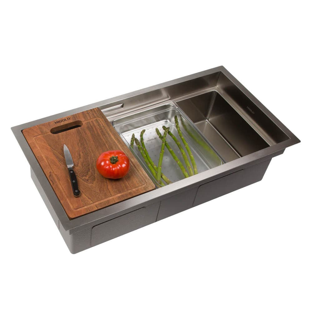 820mm Stainless Steel PINIZ 1 & 1/2 Bowl Workstation Kitchen Sink - Slide Lip - Nano Coated 1.2mm Thick Stainless Steel - Anti-Scratch