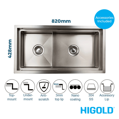 820mm Stainless Steel PINIZ 1 & 1/2 Bowl Workstation Kitchen Sink - Slide Lip - Nano Coated 1.2mm Thick Stainless Steel - Anti-Scratch