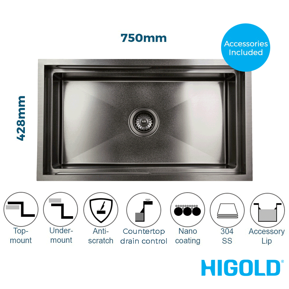 750mm Gun Metal PINIZ Single Bowl Workstation Kitchen Sink - Slide Lip - Nano Coated 1.2mm Thick Stainless Steel - Anti-Scratch