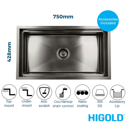 750mm Gun Metal PINIZ Single Bowl Workstation Kitchen Sink - Slide Lip - Nano Coated 1.2mm Thick Stainless Steel - Anti-Scratch