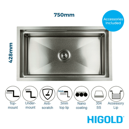750mm Stainless Steel PINIZ Single Bowl Workstation Kitchen Sink - Slide Lip - Nano Coated 1.2mm Thick Stainless Steel - Anti-Scratch