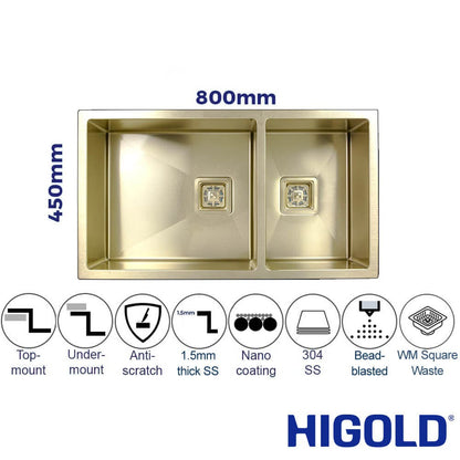 Vanté Nano Coated Double Bowl Kitchen Sink - R10 Corner - SS 304 Stainless Steel - 800mm - PVD Champagne Gold