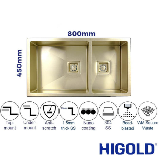 Vanté Nano Coated Double Bowl Kitchen Sink - R10 Corner - SS 304 Stainless Steel - 800mm - PVD Champagne Gold