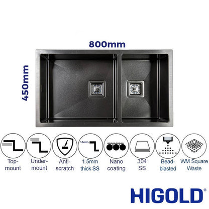 Vanté Nano Coated Double Bowl Kitchen Sink R10 Corner - SS 304 Stainless Steel - 800mm PVD Gunblack