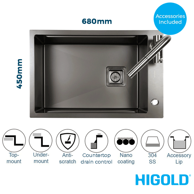 680mm Gun Metal Single Bowl Workstation Kitchen Sink - Slide Lip - Nano Coated Stainless Steel - Anti-Scratch