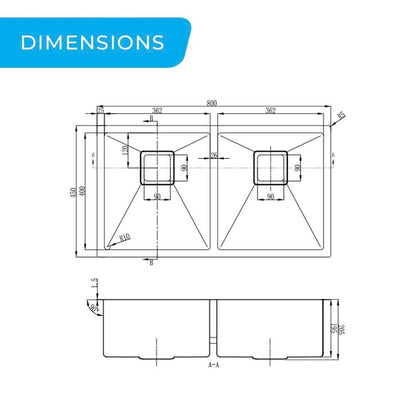Vanté Twin Bowl Kitchen Sink - R10 Corner - SS 304 Stainless Steel - 800mm - Brushed Finish