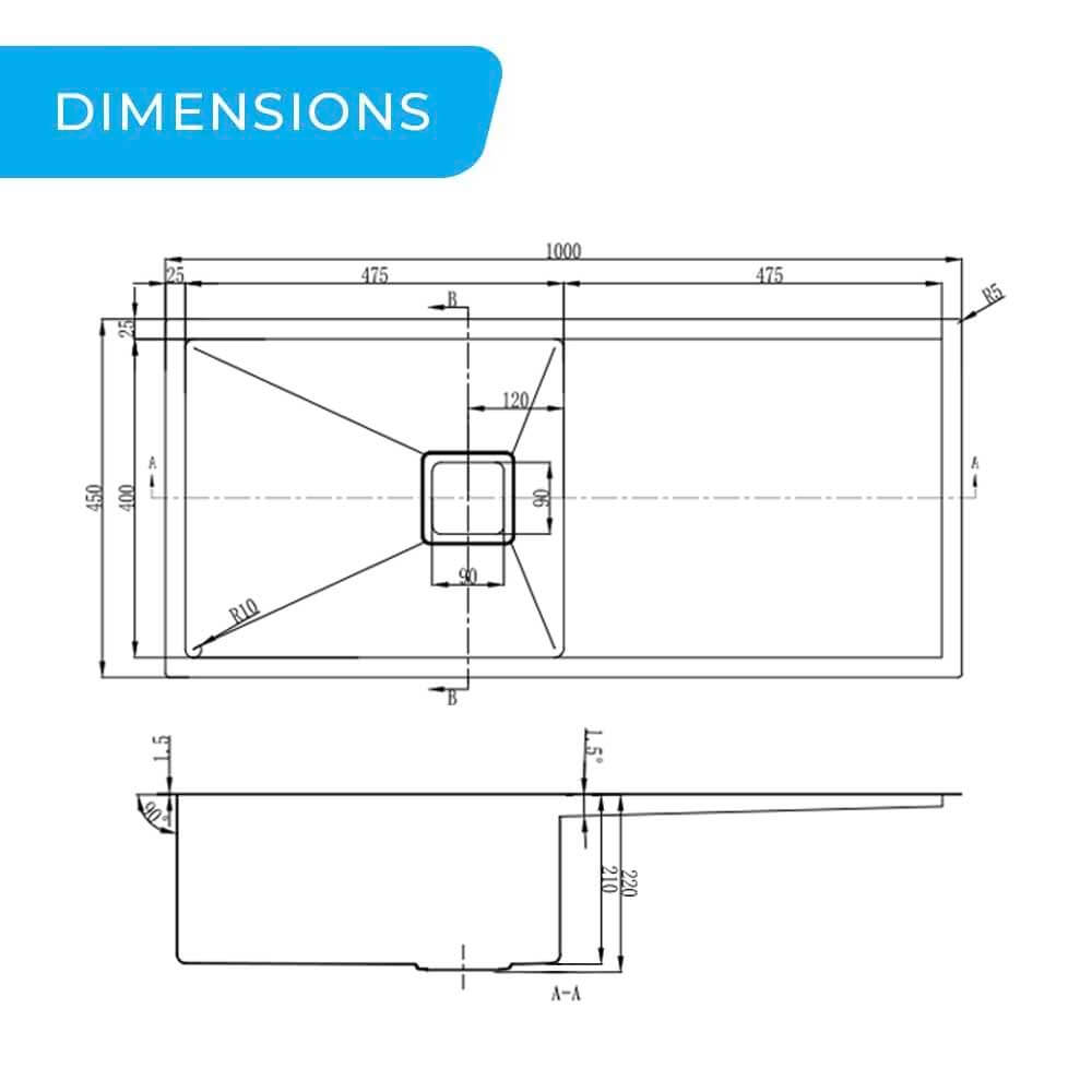 Vanté Single Bowl Kitchen Sink with Drainer - R10 Corner - SS 304 Stainless Steel - 1000mm - Brushed Finish