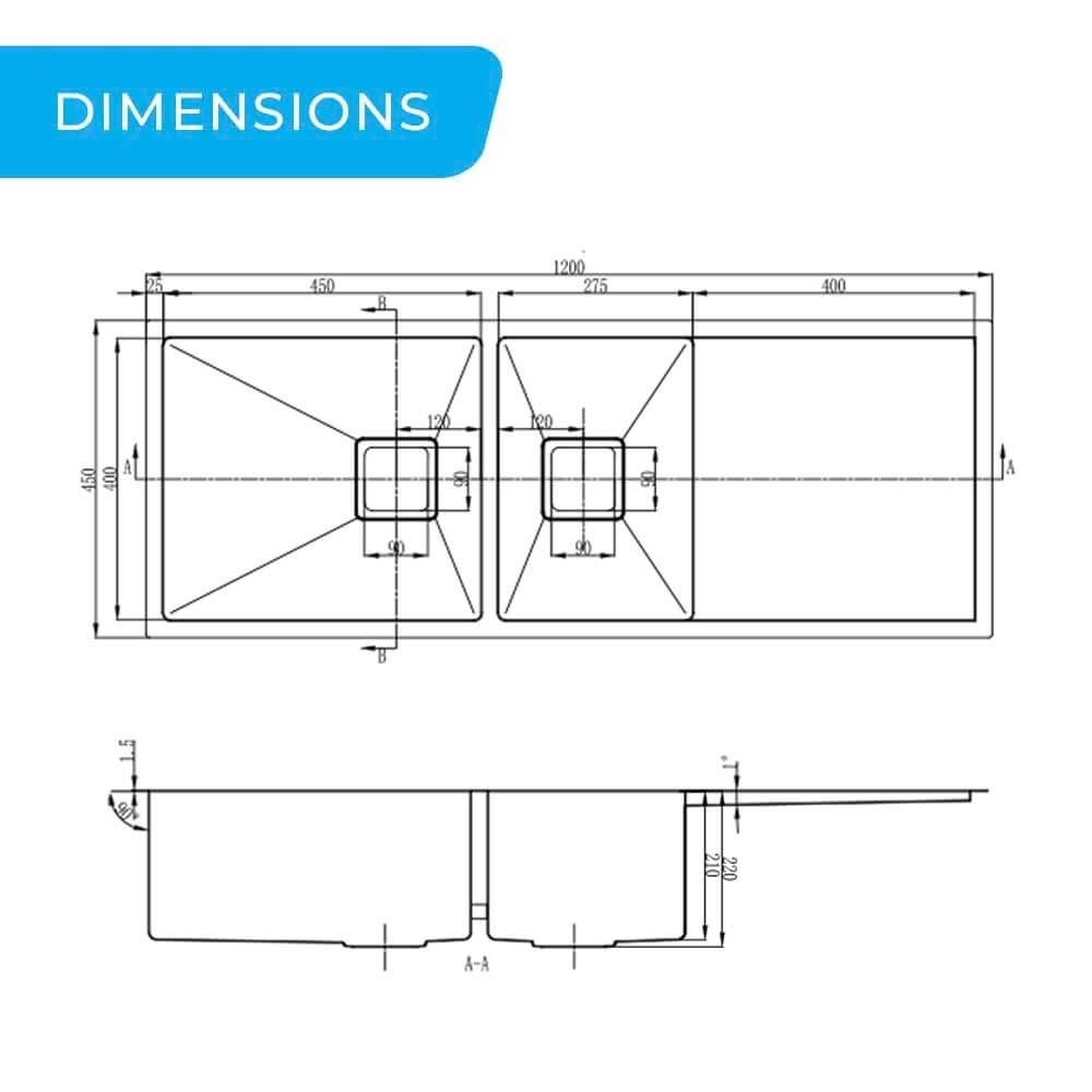 Vanté Double Bowl Kitchen Sink with Drainer - R10 Corner - SS 304 Stainless Steel - 1200mm - Brushed Finish