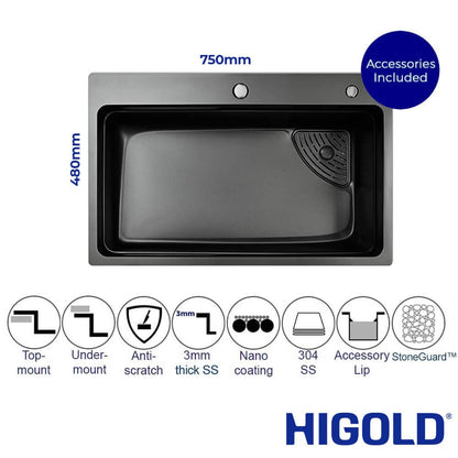 Belle Luxe 3.0 PRO Single Bowl Workstation Kitchen Sink - Slide Lip - Stainless Steel - 750mm - Anti-Scratch Matte Black Nano StoneGuard™