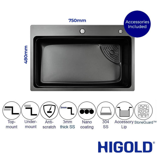 Belle Luxe 3.0 PRO Single Bowl Workstation Kitchen Sink - Slide Lip - Stainless Steel - 750mm - Anti-Scratch Matte Black Nano StoneGuard™