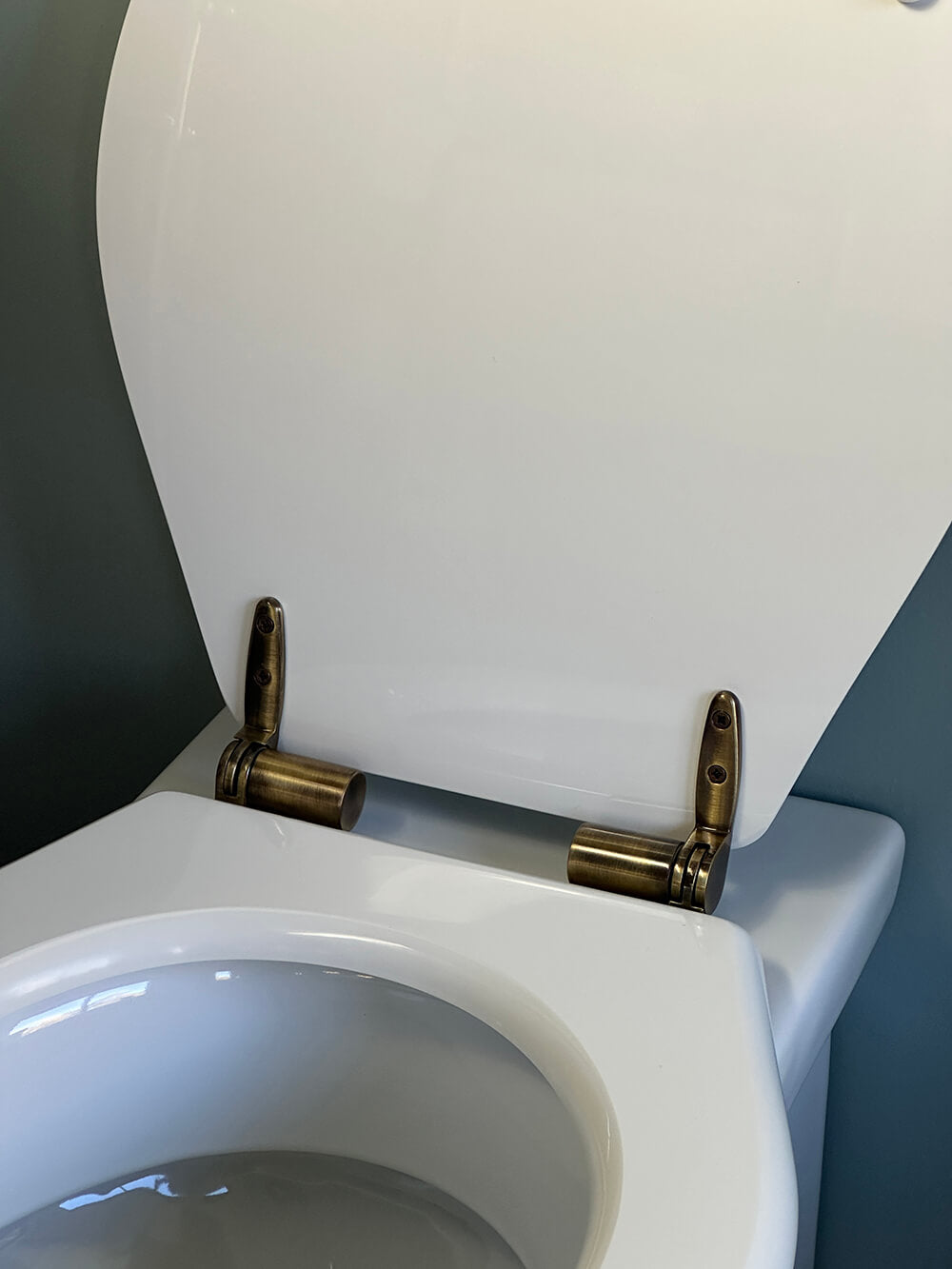 Claremont White Soft Close Toilet Seat â€“ Antique Brass Hinges