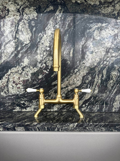 Ludlow Bridge Mixer Tap with Metal Handle - Brushed Brass