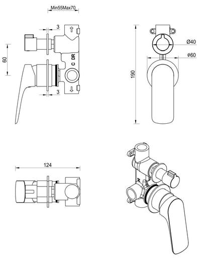 Kaza Mixer Diverter - 2P - TRIM KIT - Gunmetal