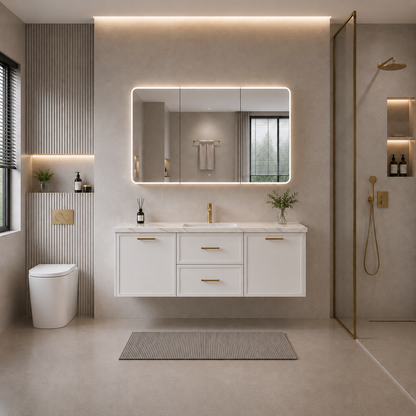 1200mm  Kingsley Federation Fluted Wall Hung PVC Single or Double  Bowl Cabinet - Matt White - Cabinet Only