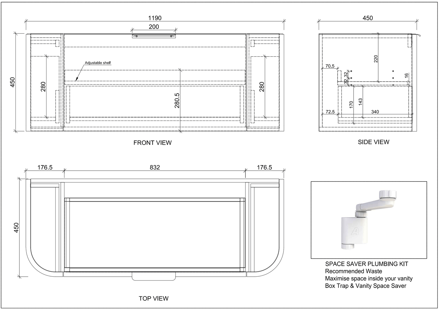 1200mm *Matt Black plywood              * Big curved edge shaker style                       *1 tier  1 big Drawer   2 side drawers                   * Wall Hung