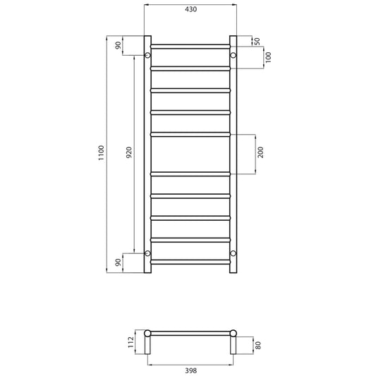 Radiant Matt Black 430 x 1100mm Round NON-HEATED Towel Rail