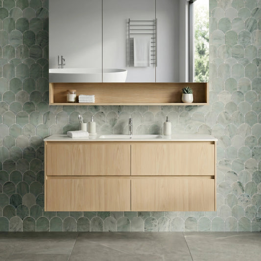 1200mm Gladstone Wall Hung Plywood Single Bowl Cabinet - Sandy Oak Woodmatt - Cabinet Only