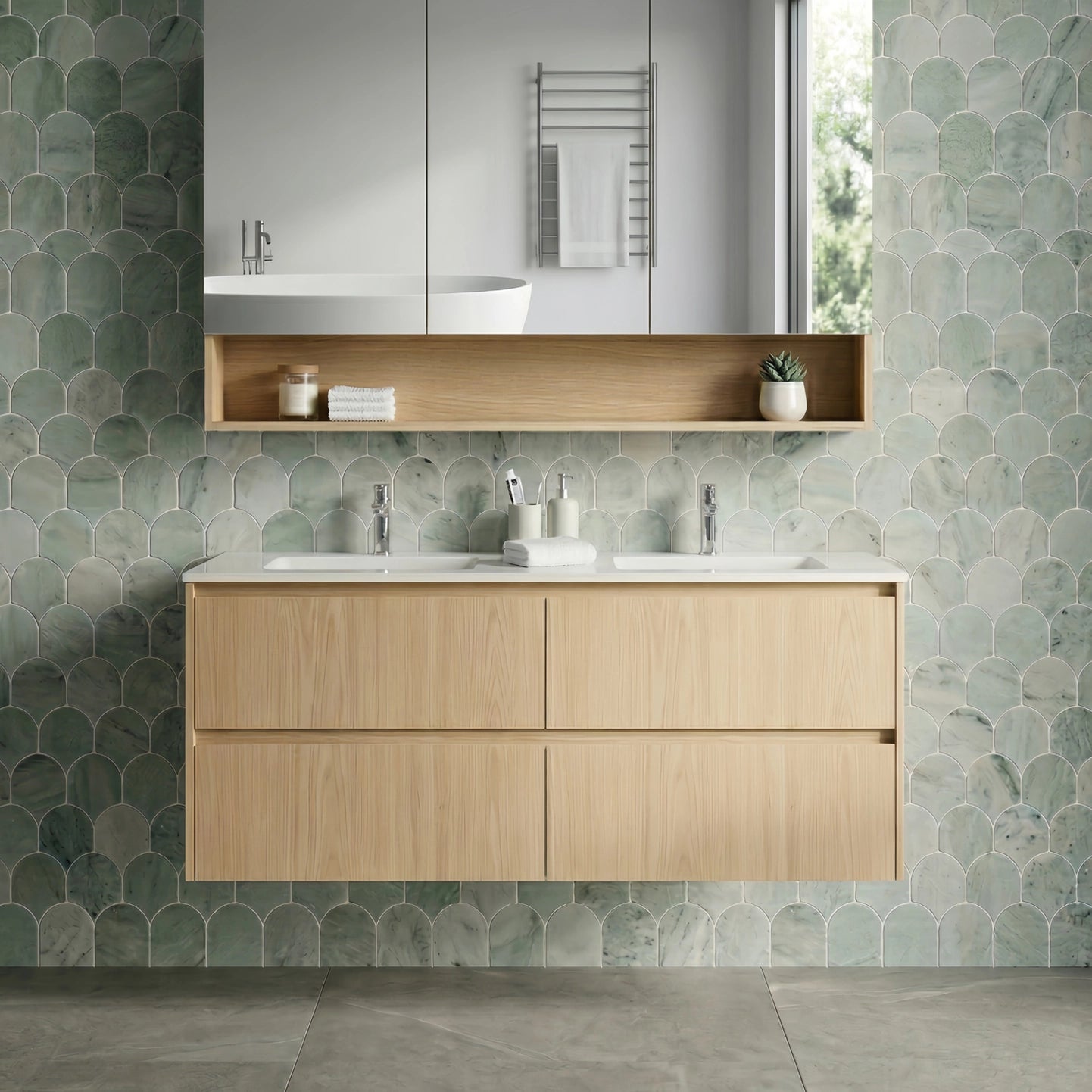1200mm Gladstone Wall Hung PlywoodDouble Bowl Cabinet - Sandy Oak Woodmatt - Cabinet Only