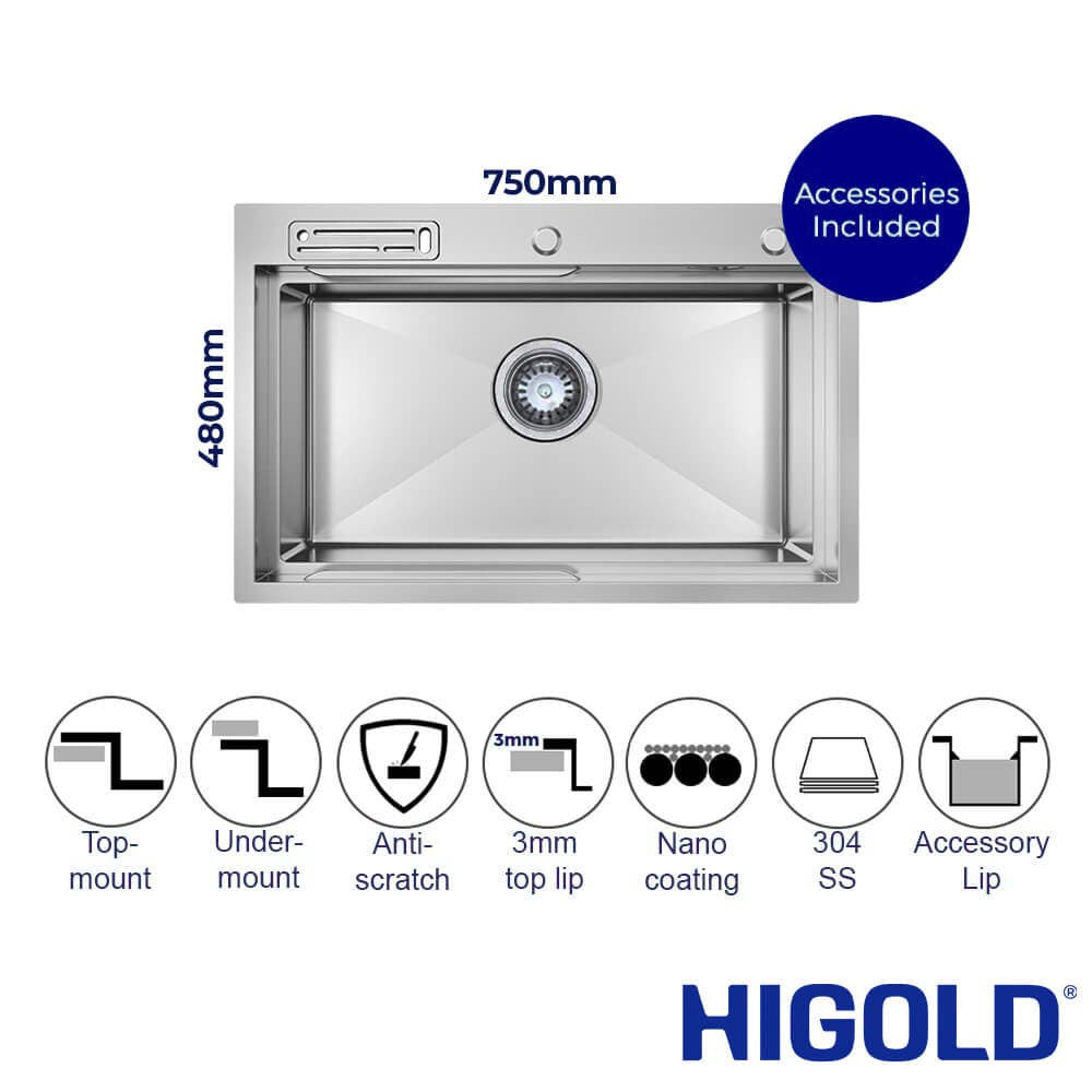 Belle Luxe 1.0 Single Bowl Workstation Kitchen Sink - Slide Lip - Nano Coated 3mm Thick Stainless Steel Panel - Anti-Scratch - 750mm
