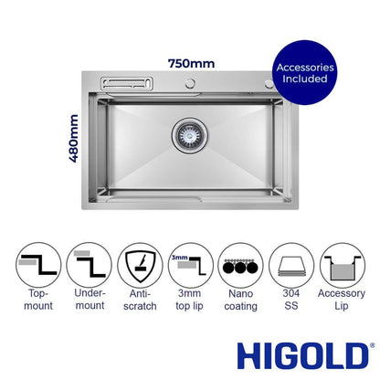 Belle Luxe 1.0 Single Bowl Workstation Kitchen Sink - Slide Lip - Nano Coated 3mm Thick Stainless Steel Panel - Anti-Scratch - 750mm