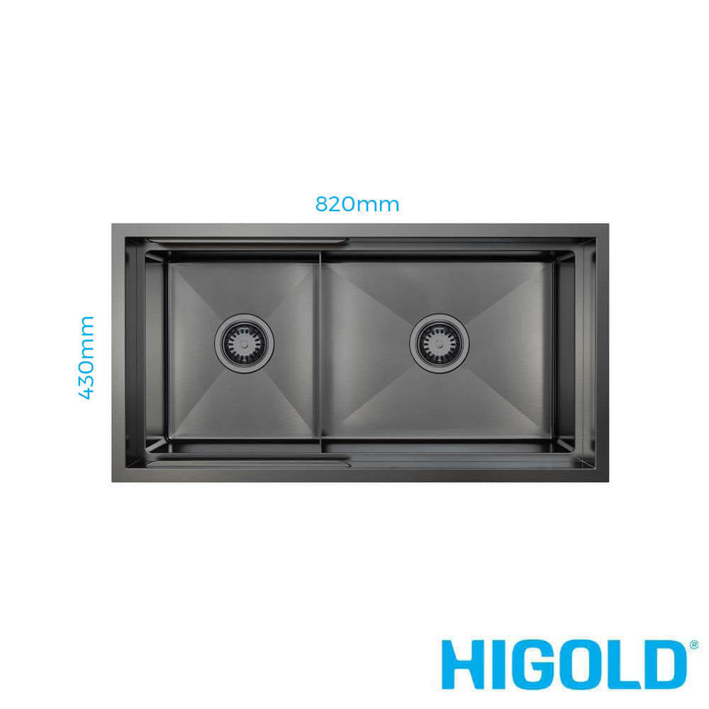 820mm Gun Metal PINIZ 1 & 1/2 Bowl Workstation Kitchen Sink - Slide Lip - Nano Coated 1.2mm Thick Stainless Steel - Anti-Scratch
