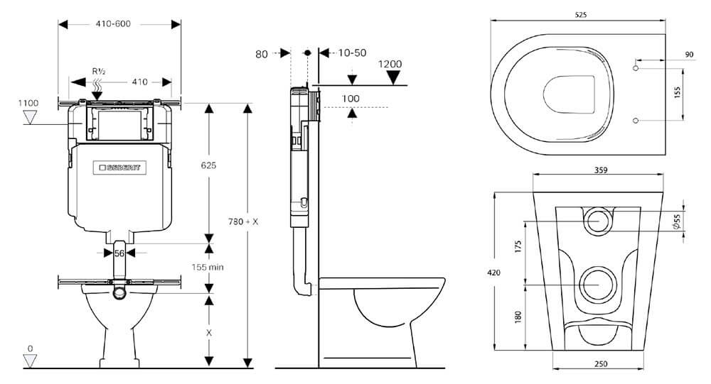 Narva Rimless Floor Pan with thin seat, Inwall Cistern & Brushed Stainless Steel Button