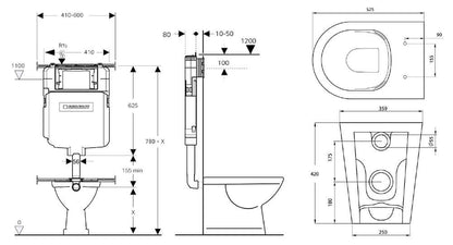 Narva Rimless Floor Pan with thin seat, Inwall Cistern & Brushed Stainless Steel Button