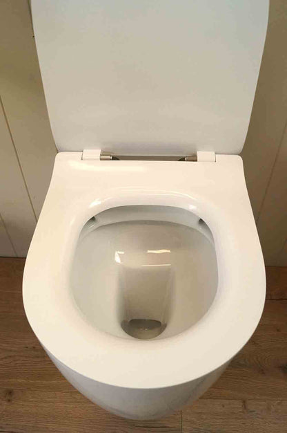 Narva Rimless Floor Pan with Thick seat, Inwall Cistern & Brushed Stainless Steel Button