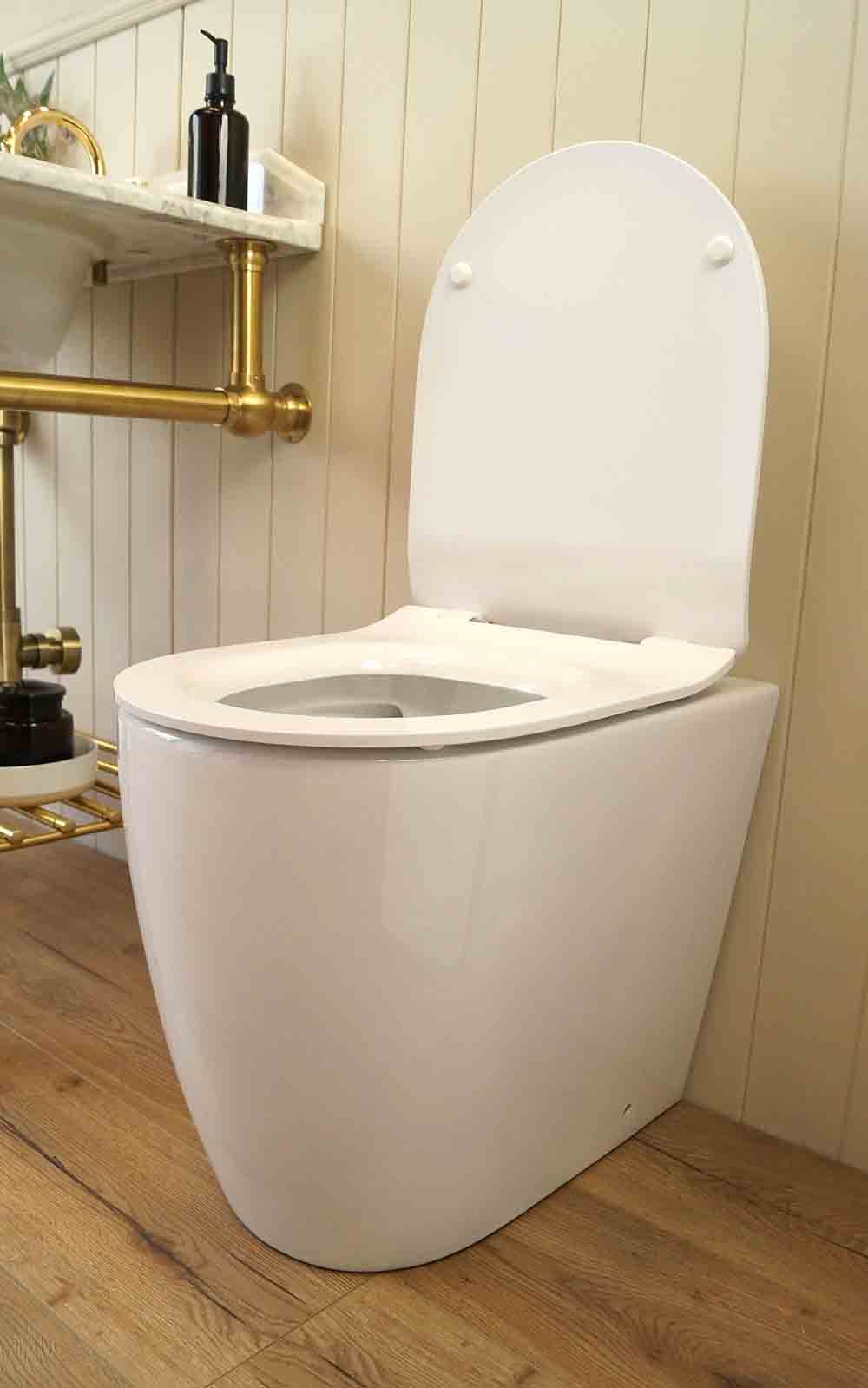 Narva Rimless Floor Pan with Thick seat, Inwall Cistern & Brushed Stainless Steel Button