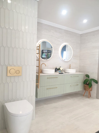 Narva Rimless Floor Pan with thin seat, Geberit Inwall Cistern & ABS Button