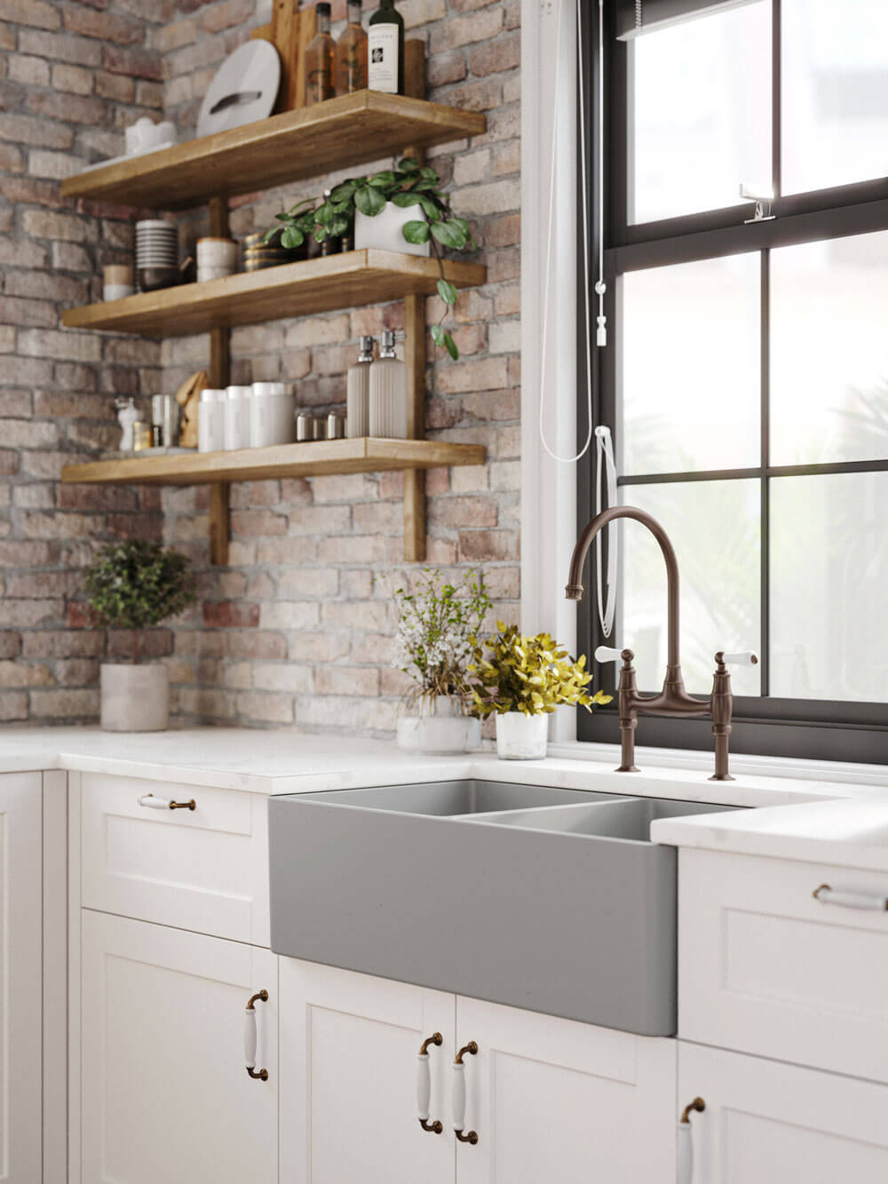 Novi 85x46 Double Bowl Fireclay Butler Sink - Concrete Look