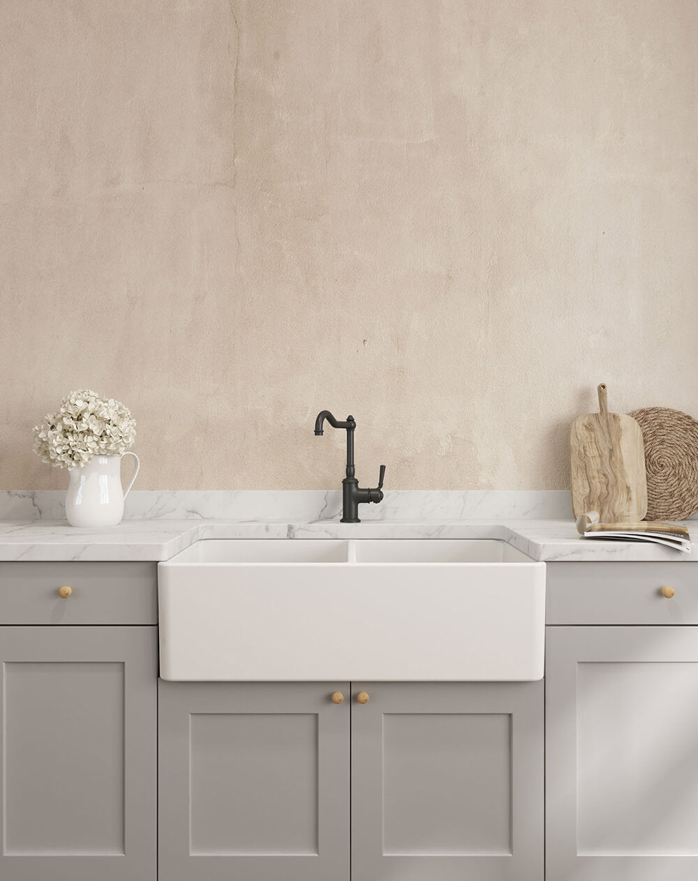 Novi 85x46 Double Bowl Fireclay Butler Sink - Matte White