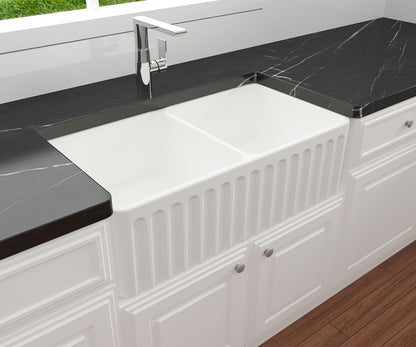 Novi 85x46 Double Bowl Fireclay Butler Sink - Matte White