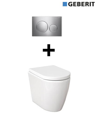 Narva Rimless Floor Pan with thin seat, Inwall Cistern & Brushed Stainless Steel Button