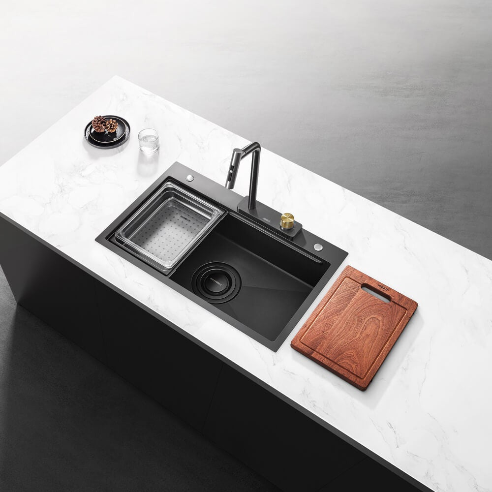 770mm Gun Metal PINIZ Single Bowl Workstation Kitchen Sink - Slide Lip - Nano Coated Embossed Stainless Steel - Anti-Scratch
