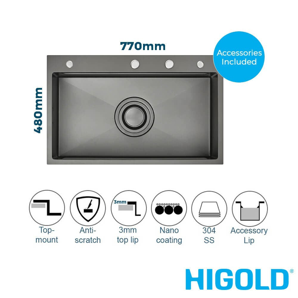 770mm Gun Metal PINIZ Single Bowl Workstation Kitchen Sink - Slide Lip - Nano Coated Embossed Stainless Steel - Anti-Scratch
