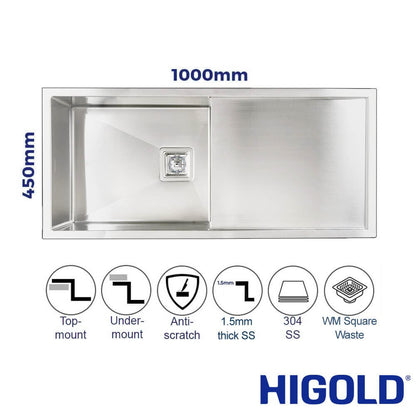Vanté Single Bowl Kitchen Sink with Drainer - R10 Corner - SS 304 Stainless Steel - 1000mm - Brushed Finish