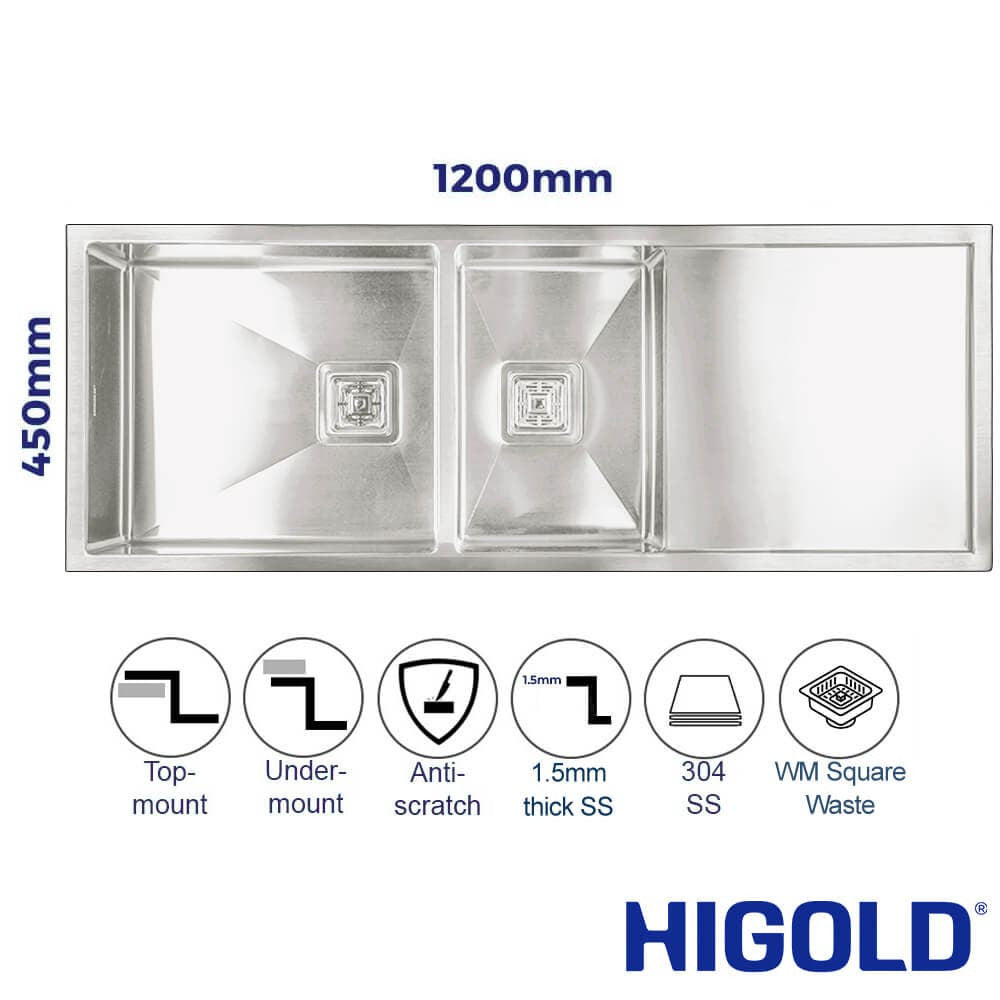 Vanté Double Bowl Kitchen Sink with Drainer - R10 Corner - SS 304 Stainless Steel - 1200mm - Brushed Finish