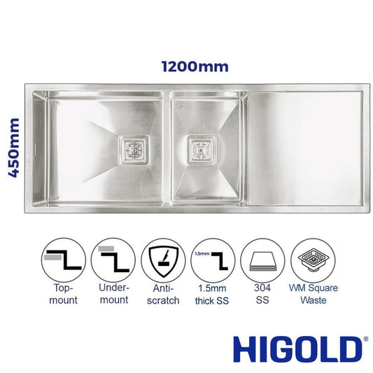 Vanté Double Bowl Kitchen Sink with Drainer - R10 Corner - SS 304 Stainless Steel - 1200mm - Brushed Finish