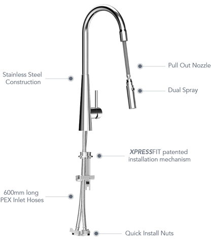 XPLORER     Stainless Steel Gooseneck XPRESSFIT retractable mini pull out mixer with designer nozzle Black & Bling