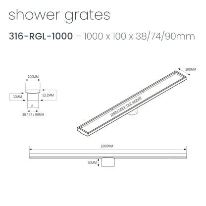 Radiant Tile Insert Linear Shower Grate - 1000 mm length + 74mm outlet - Brushed Satin
