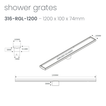 Radiant Tile Insert Linear Shower Grate - 1200 mm length + 74mm outlet - Brushed Satin