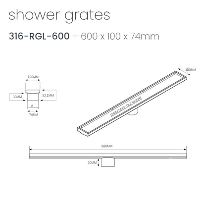 Radiant Tile Insert Linear Shower Grate - 600 mm length + 74mm outlet - Brushed Bronze